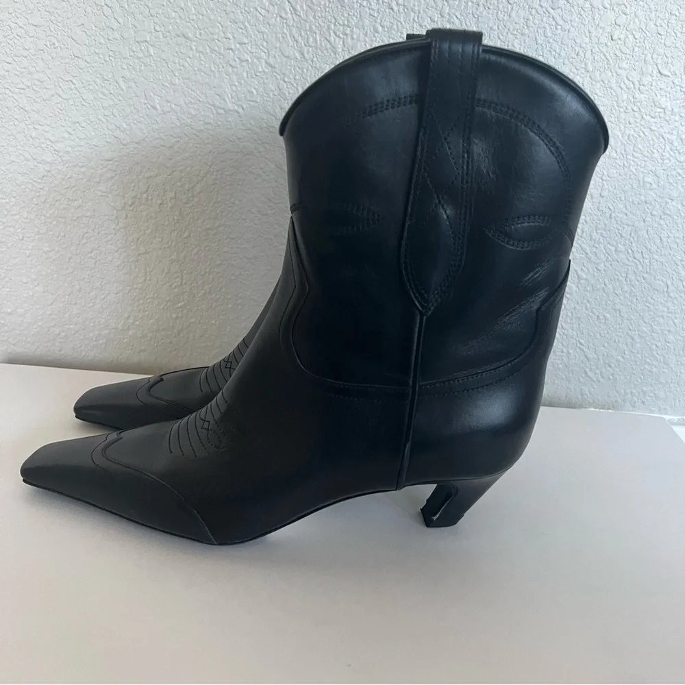 Khaite Dallas Black Leather Ankle Boots Bootie Size 37 Short Western - Picture 3 of 11